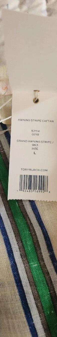 Tory Burch Grand Awning Stripe Linen Caftan Dress Coverup Size L NWT Retail $498